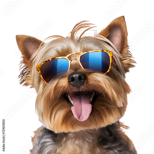 Happy and beach-ready, the beautiful Yorkshire Terrier dog with sunglasses awaits the summer, Isolated on Transparent Background, PNG © Giu Studios