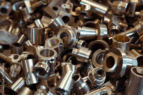A pile of metal parts, CNC machine blanks. Pile of many CNC turning engineering parts