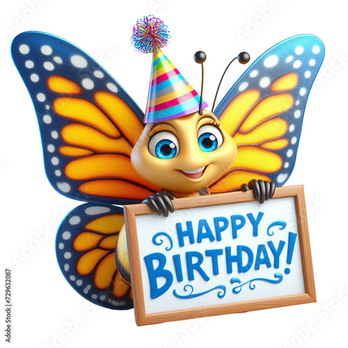 Cute Animal 3D Butterfly Holding 'Happy Birthday' Board and Wearing Party Cap Cartoon: Isolated on Transparent Background - Clipart PNG Sticker Design	 photo