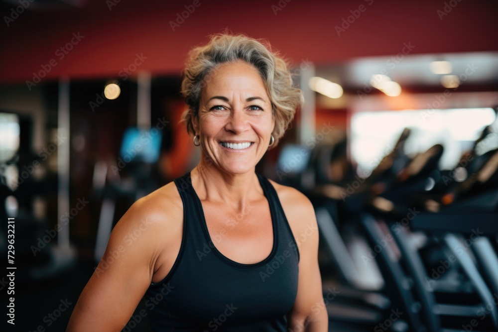 Smiling portrait of a middle aged woman in the gym Smiling portrait of a middle aged woman in the gym