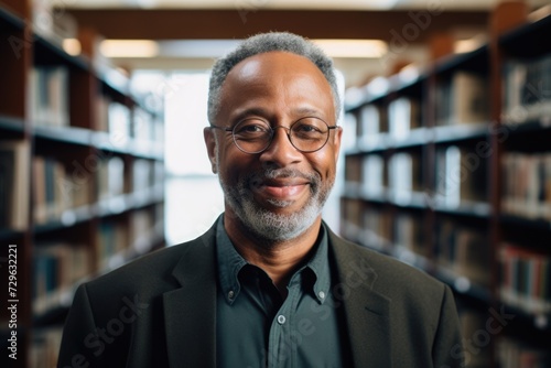 Portrait of a smiling senior man in a library