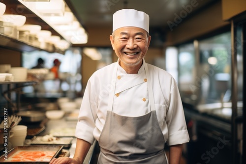 Smiling portrait of a senior sushi chef in restaurant kitchen