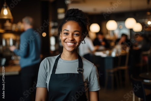 Smiling portrait of a young waitress in cafe or bar © Vorda Berge