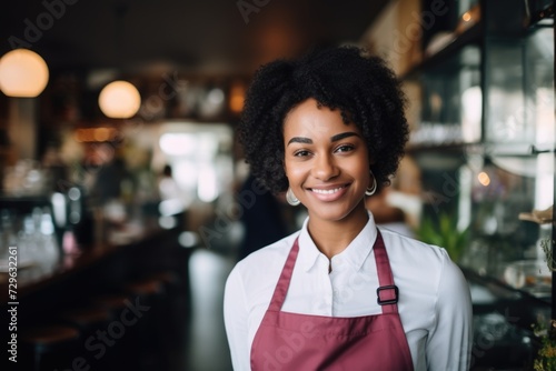 Smiling portrait of a young waitress in cafe or bar