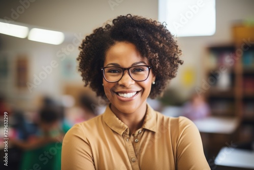 Portrait of a smiling female teacher in classroom
