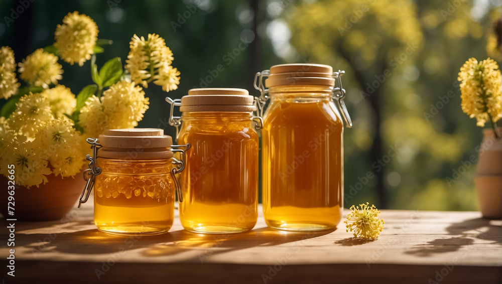 Jars of honey, flowers in nature Jars of honey, flowers in nature