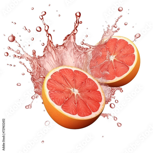 realistic fresh ripe grapefruit with slices falling inside swirl fluid gestures of milk or yoghurt juice splash png isolated on a white background with clipping path. selective focus