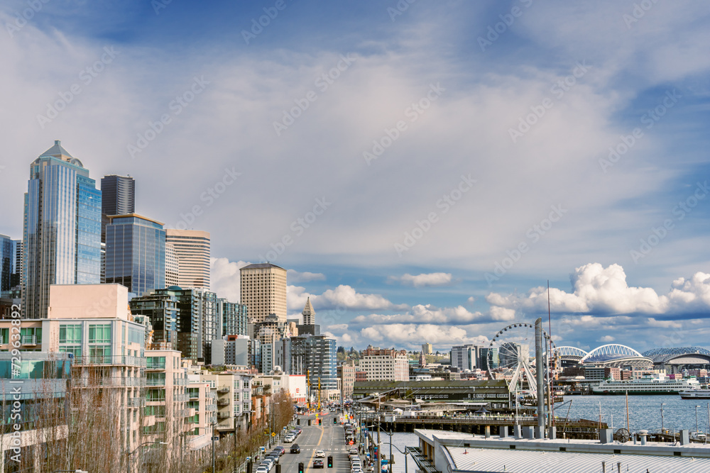 Seattle skyline with Waterfront neighborhood in foreground. Seattle skyline with Waterfront neighborhood in foreground.