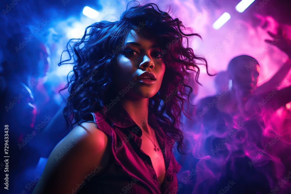 beautiful diverse woman with curly hair  dancing in night club at party with blue pink purple neon light and smoke . Night life and clubbing, entertainment industry.