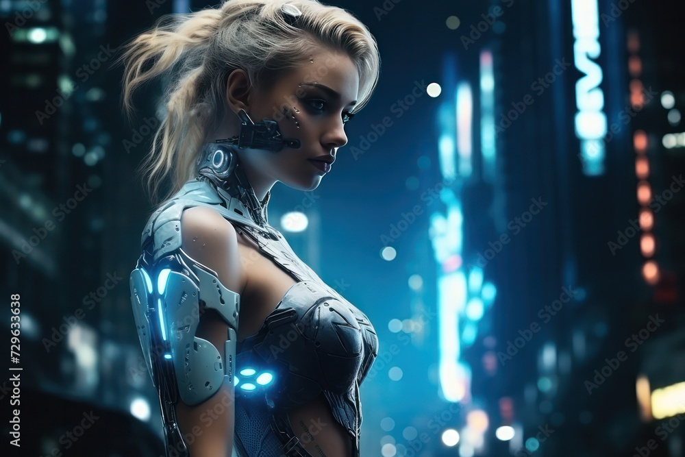 half woman half cyborg in cyberpunk style in night city. Human and AI concept.
