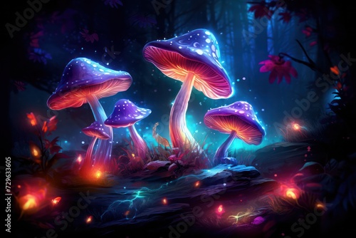 neon futuristic magic mushrooms in the night forest background. Party poster. Mushroom food supplement ad. Fly agaric. 