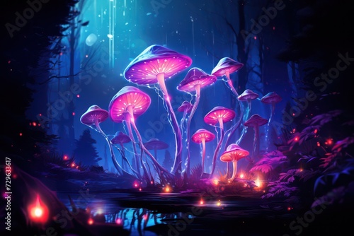 neon futuristic magic mushrooms in the night forest background. Party poster. Mushroom food supplement ad. Fly agaric. 