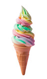 Swirled multicoloured soft serve ice cream in a cone on a transparent background.