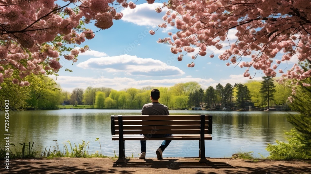 Tranquil spring scene with man on park bench by lake. Tranquil spring scene with man on park bench by lake.
