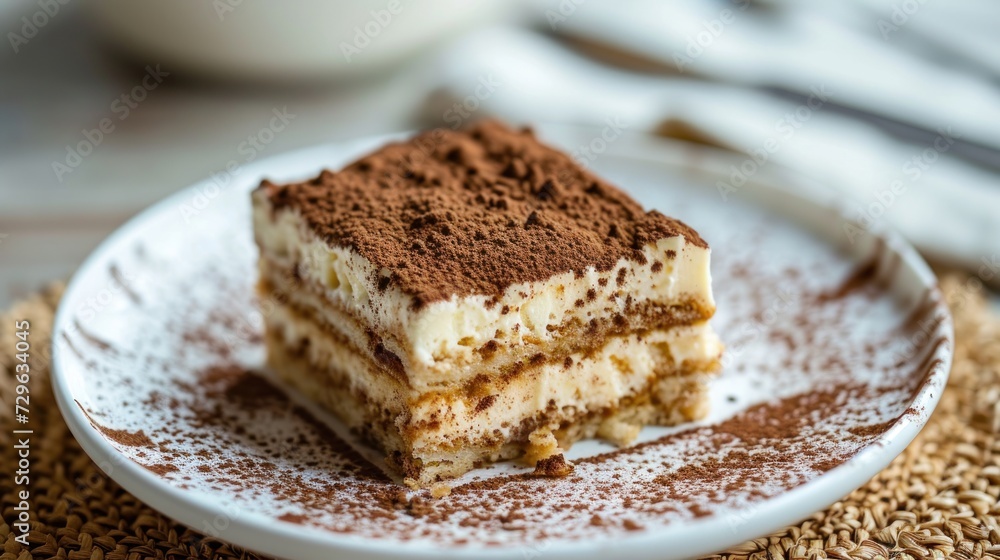 a piece of cake sitting on top of a white plate on top of a woven place mat next to a cup of coffee and a napkin on a wooden table. a piece of cake sitting on top of a white plate on top of a woven place mat next to a cup of coffee and a napkin on a wooden table.