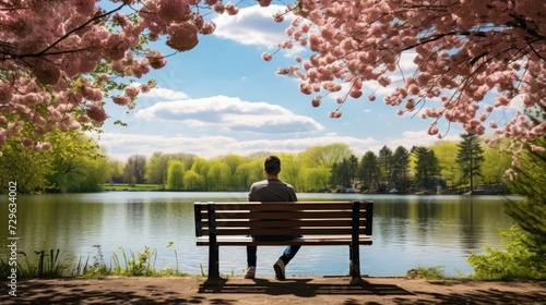 Tranquil spring scene with man on park bench by lake. © Marharyta