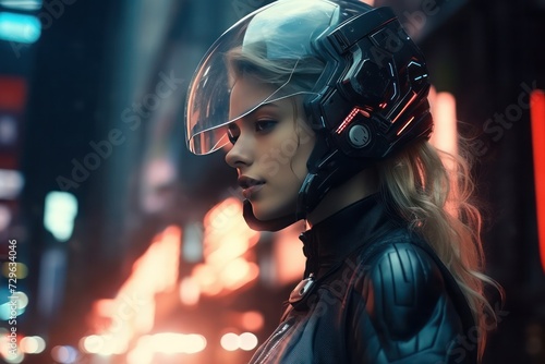 half woman half cyborg in helmet and outfit in cyberpunk style in night city. Human and AI concept.