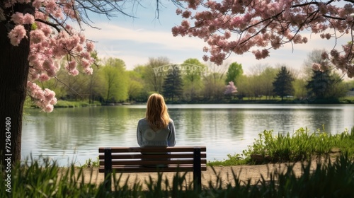 Woman Sitting on a Bench Next to a Lake © Marharyta