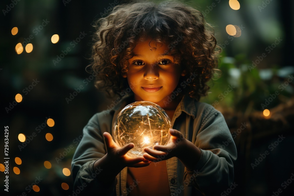 Naklejka premium diverse child holding a Christmas ball. Cute boy with curly hair holding a sphere with lights. Hope for the future concept.
