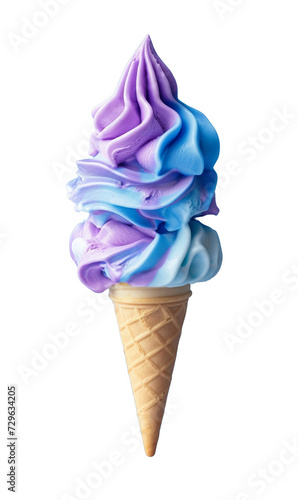 Colourful soft serve ice cream cone with a playful swirl of violet, purple and blue on a transparent background.
