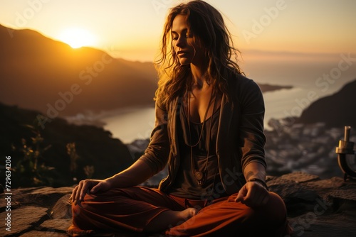holistic yoga female coach portrait meditating in nature with view of the island and ocean at viewpoint sitting in lotus pose