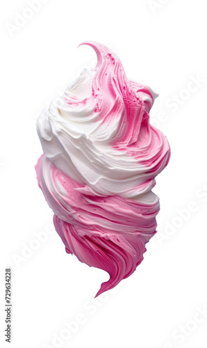 Top view of swirls of ice cream in pastel pink and white shades with a creamy texture on a transparent background.