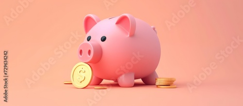 3d render pink piggy bank saving money coin with plastic cartoon minimal style. AI generated image photo