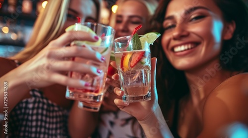Close-up of girls drinking cocktails in nightclub. Girls having a good time, cheering and drinking cold cocktails, enjoying company together at the bar