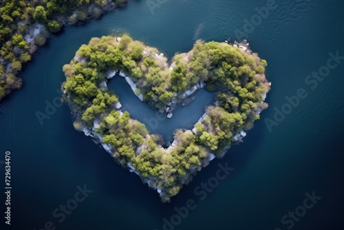 island with trees in a lake in shape of heart in the mountains aerial view. Valentines day eco card. Love for planet and nature.