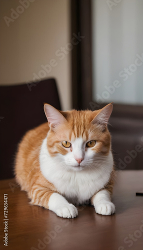 Focus photography of orange and white cat on table