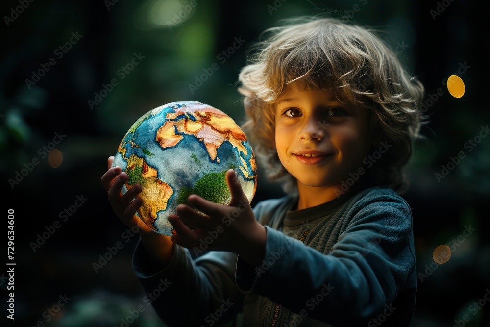 child boy holding a globe ball in his hands. Future of Earth in hands of younger generation concept. Environment and climate change issues. child boy holding a globe ball in his hands. Future of Earth in hands of younger generation concept. Environment and climate change issues.