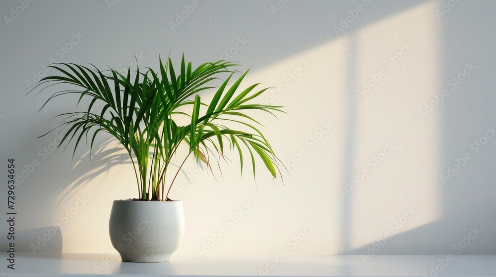 a potted plant sitting on a table in a room with a white wall and sunlight coming through the window behind the plant is a long green leafy plant. a potted plant sitting on a table in a room with a white wall and sunlight coming through the window behind the plant is a long green leafy plant.