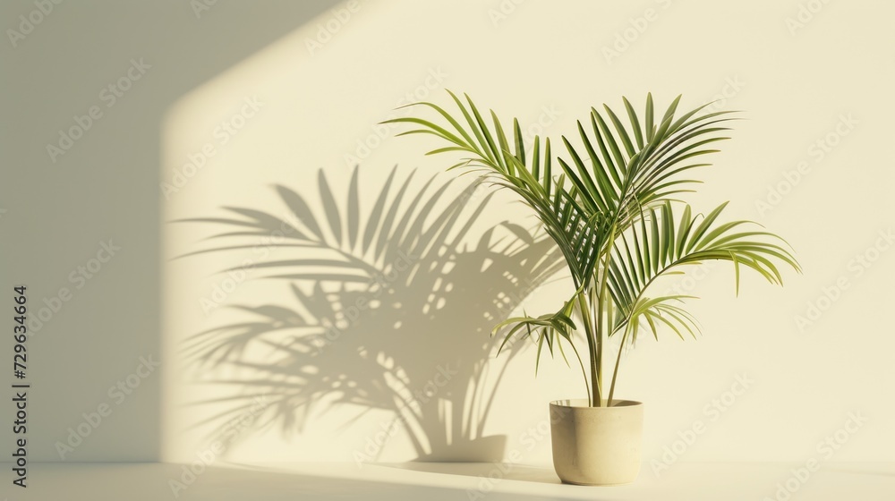 a palm tree casts a shadow on the wall of a white room with a potted plant on the right side of the room and a white wall behind it. a palm tree casts a shadow on the wall of a white room with a potted plant on the right side of the room and a white wall behind it.
