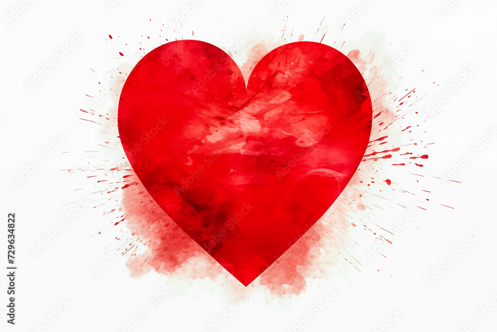 Red watercolor heart splash on white background, ideal for Valentines Day and romance.