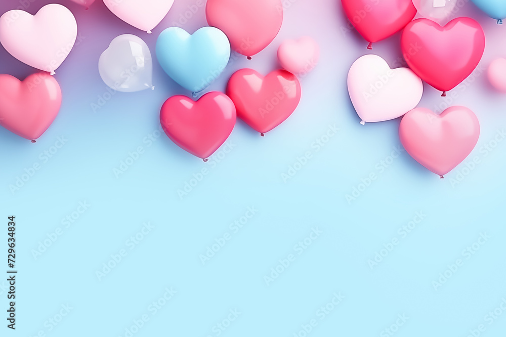 Pink and blue heart-shaped balloons floating on a blue background. Copy space