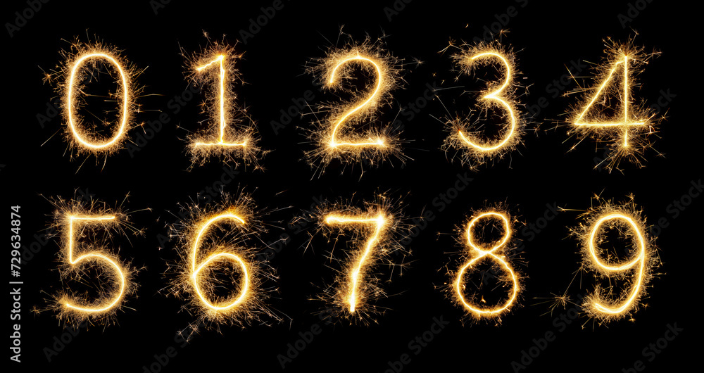 Fireworks Burning Sparkler Numbers Set Isolated on Black Background