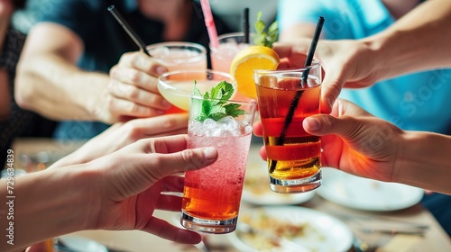 
Group of people celebrating toasting with cocktails - cropped detail with focus on hands - lifestyle concept of people, drinks and alcohol photo
