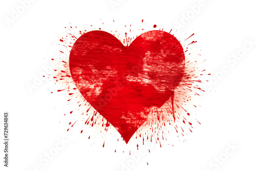 Red watercolor heart with blood splatter on white background.