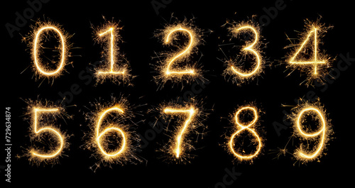 Fireworks Burning Sparkler Numbers Set Isolated on Black Background