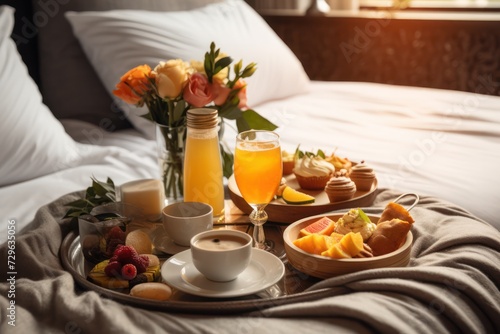 romantic breakfast in bed in luxury hotel bedroom with champagne, flowers and orange juice and beautiful morning light. Valentines day surprise premium  lifestyle.