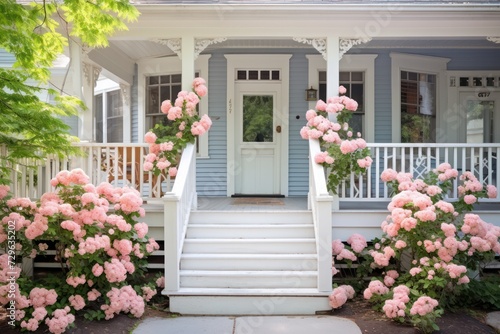 front porch staircase of white classic suburban house with pink blooming flowers in spring