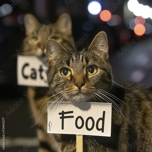 Street cat needs a feeding demonstration in front of the camera carrying a board to show its desires, great for shops, philanthropists, animal lovers, advertising etc. Generative Ai