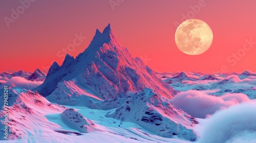  a mountain range covered in snow under a pink sky with a full moon in the middle of the sky and clouds in the foreground  with a pink hue in the foreground.