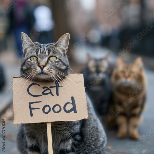 Street cat needs a feeding demonstration in front of the camera carrying a board to show its desires, great for shops, philanthropists, animal lovers, advertising etc. Generative Ai