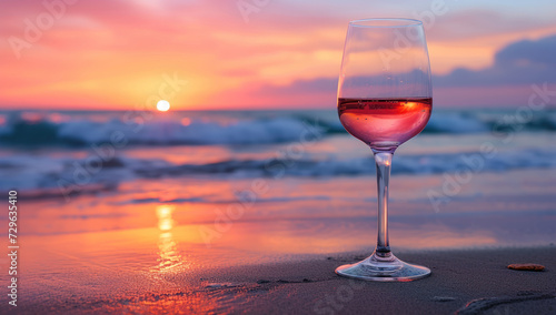 a glass of wine sits on a towel at the beach during sunset, in the style of pink and amber