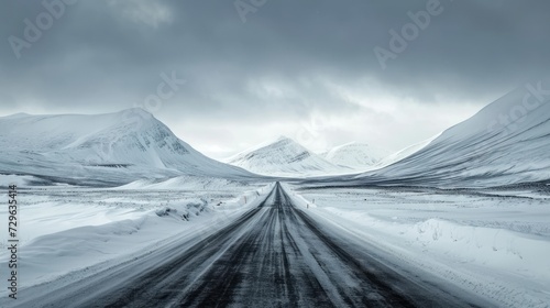  a black and white photo of a road in the middle of a mountain range with snow on the ground and mountains in the distance with dark clouds in the sky. photo