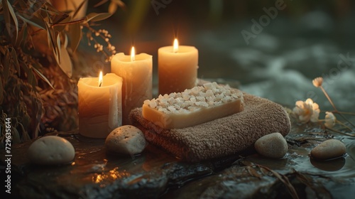  a couple of candles sitting on top of a towel next to a pile of rocks and a body of water with rocks on the side of the water in front of the photo.