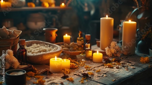  a table topped with lots of lit candles next to a bowl of rice and a bowl of food on top of a table next to a bowl of dried flowers.