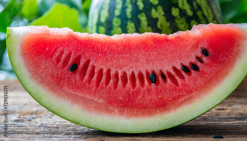 A slice of fresh watermelon, its vibrant pink hue and juicy sweetness create a refreshing and mouthwatering experience, perfect for a sunny day's delight.