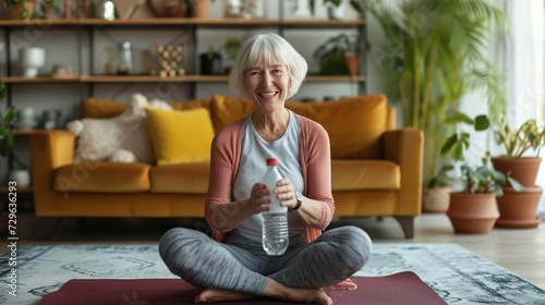 Cheerful elderly fitness enthusiast enjoying break after indoor workout, holding water bottle, smiling at camera while sitting on yoga mat in living room